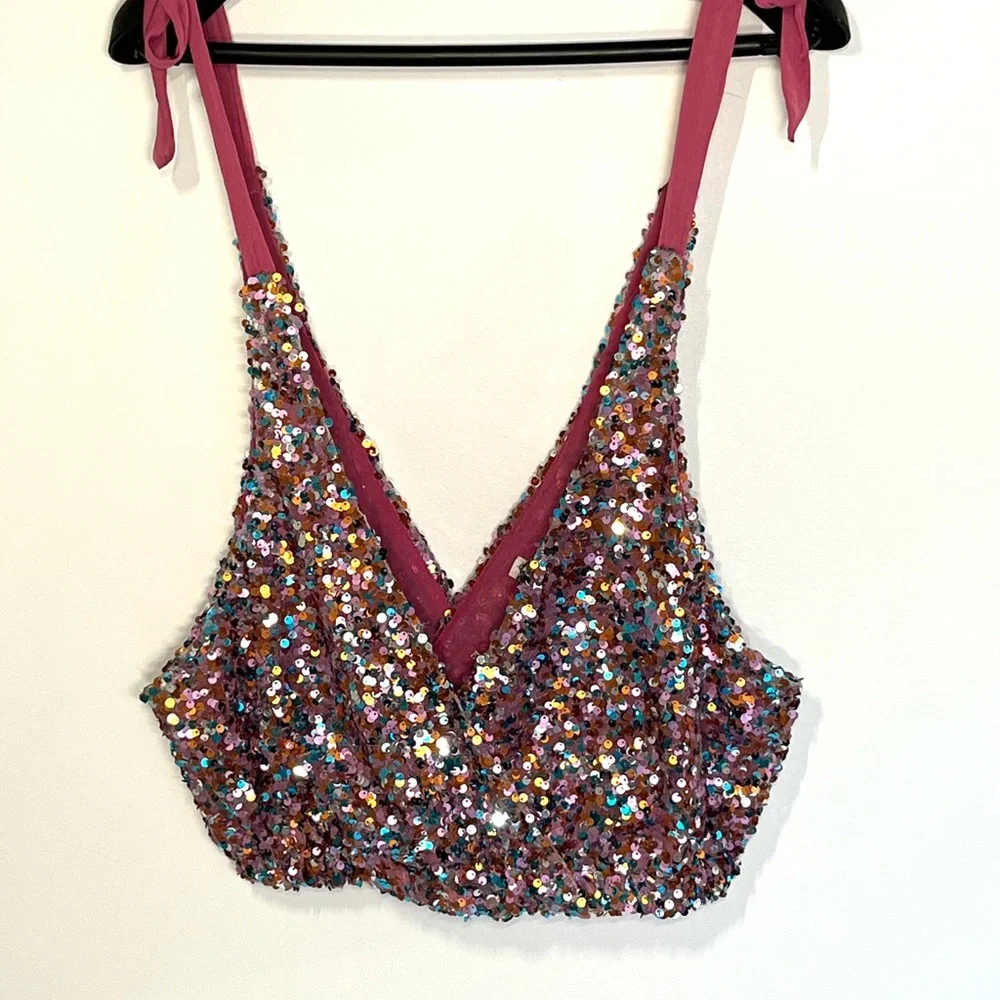 Intimately Free People Big Night Sequin Tie Shoulder Crop Top halter Sz Small - Picture 3 of 7